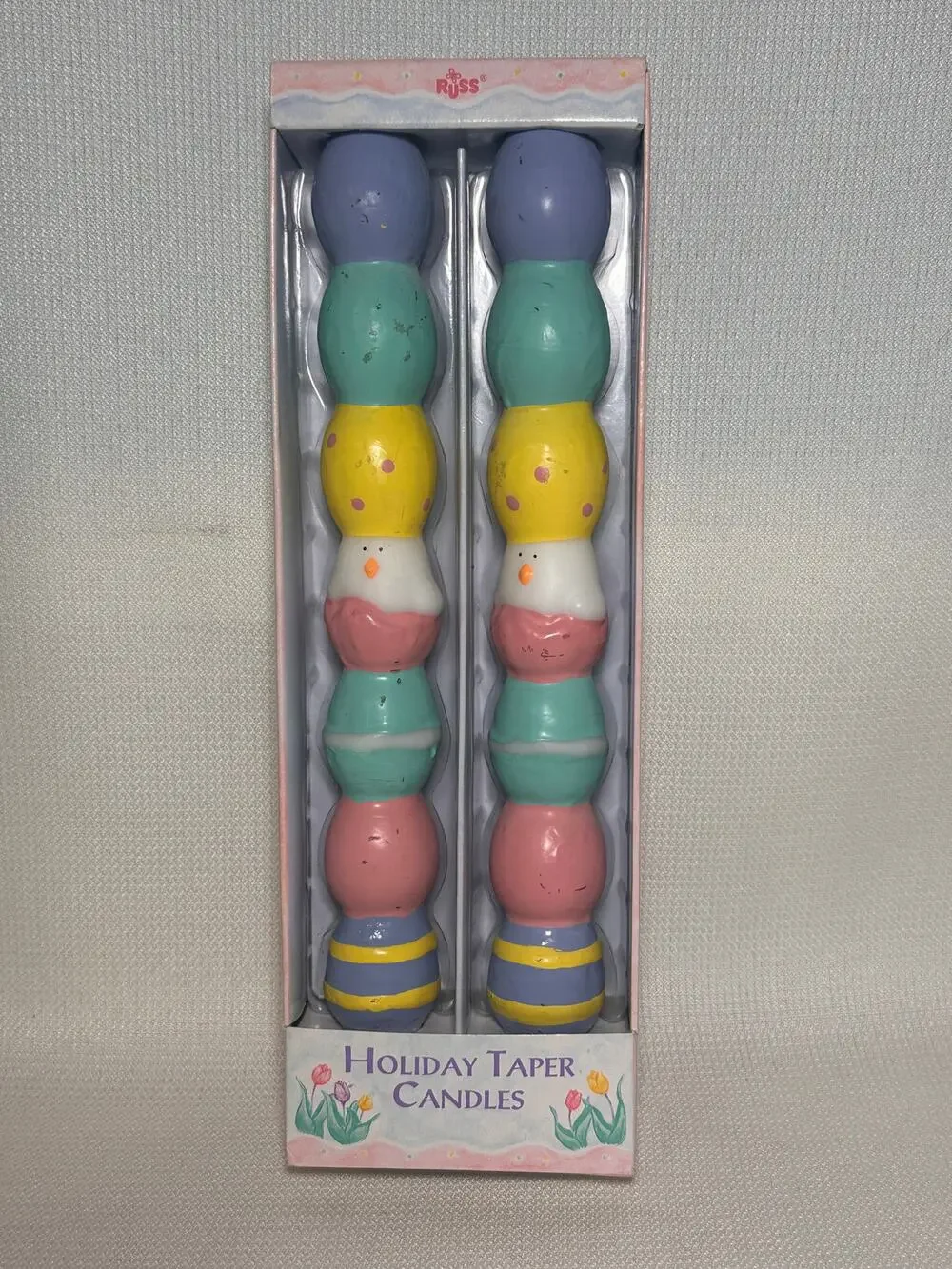 Vintage Russ Berrie Easter Taper Candles 10” Chicks Eggs NIB Pair